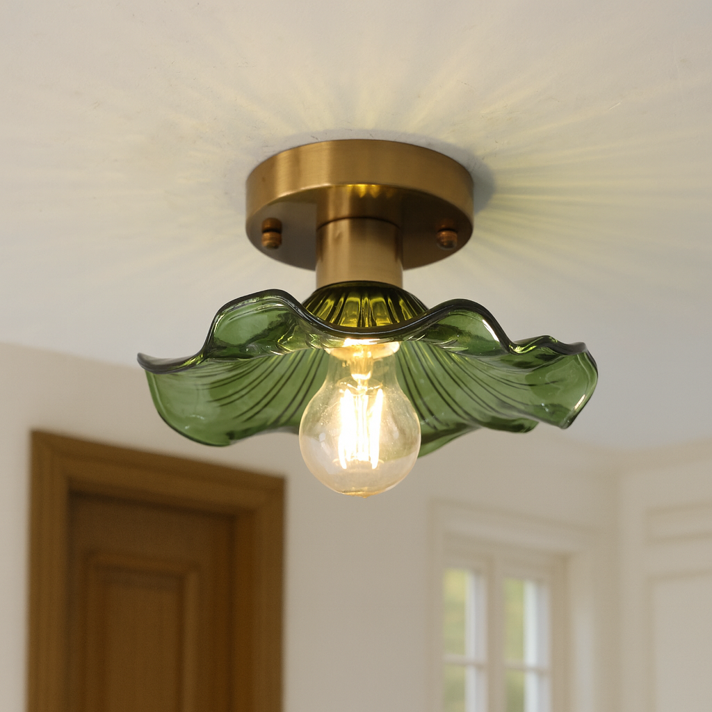 Hibiscus Floral Flush Mount Ceiling Light Fixture | Modern Green Glass Shade with Brass Base 1