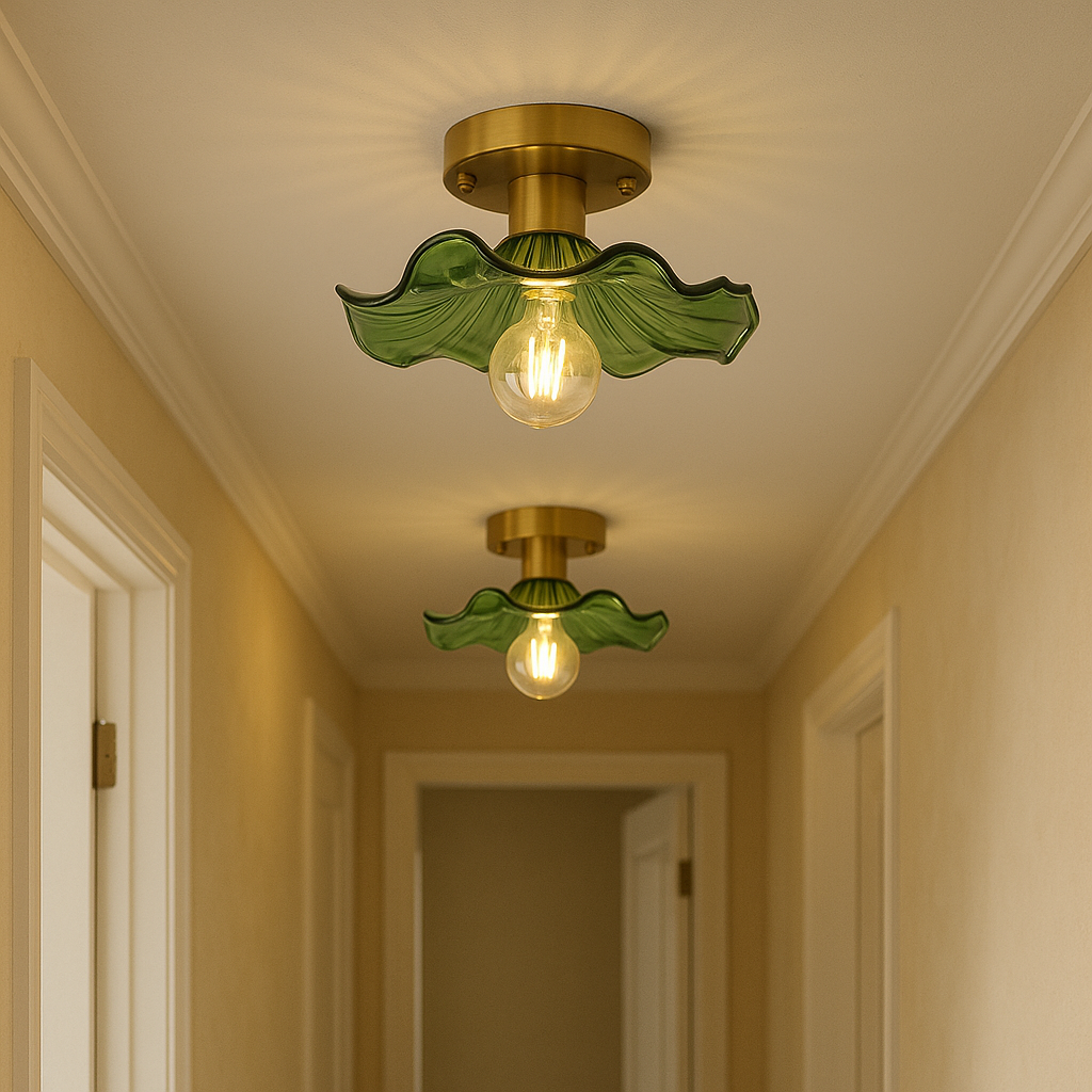Hibiscus Floral Flush Mount Ceiling Light Fixture | Modern Green Glass Shade with Brass Base 5