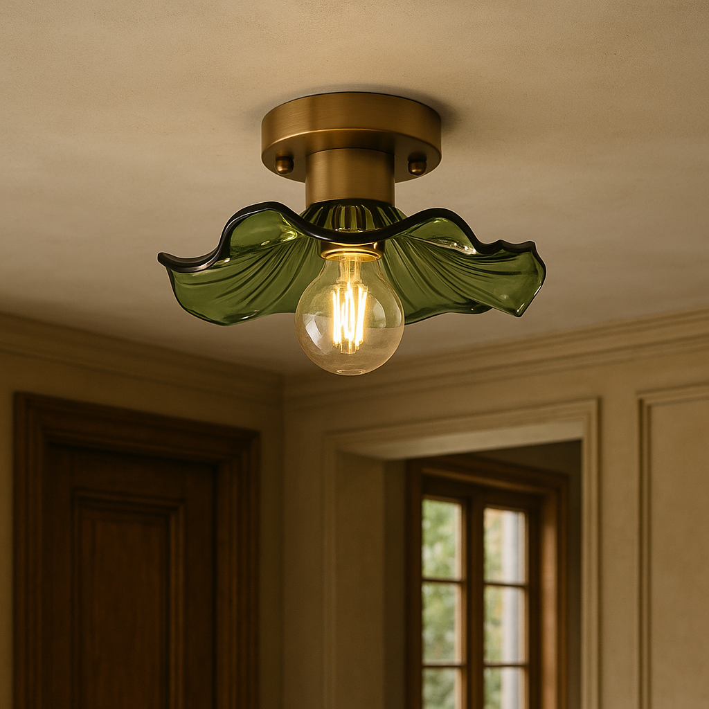 Hibiscus Floral Flush Mount Ceiling Light Fixture | Modern Green Glass Shade with Brass Base 6
