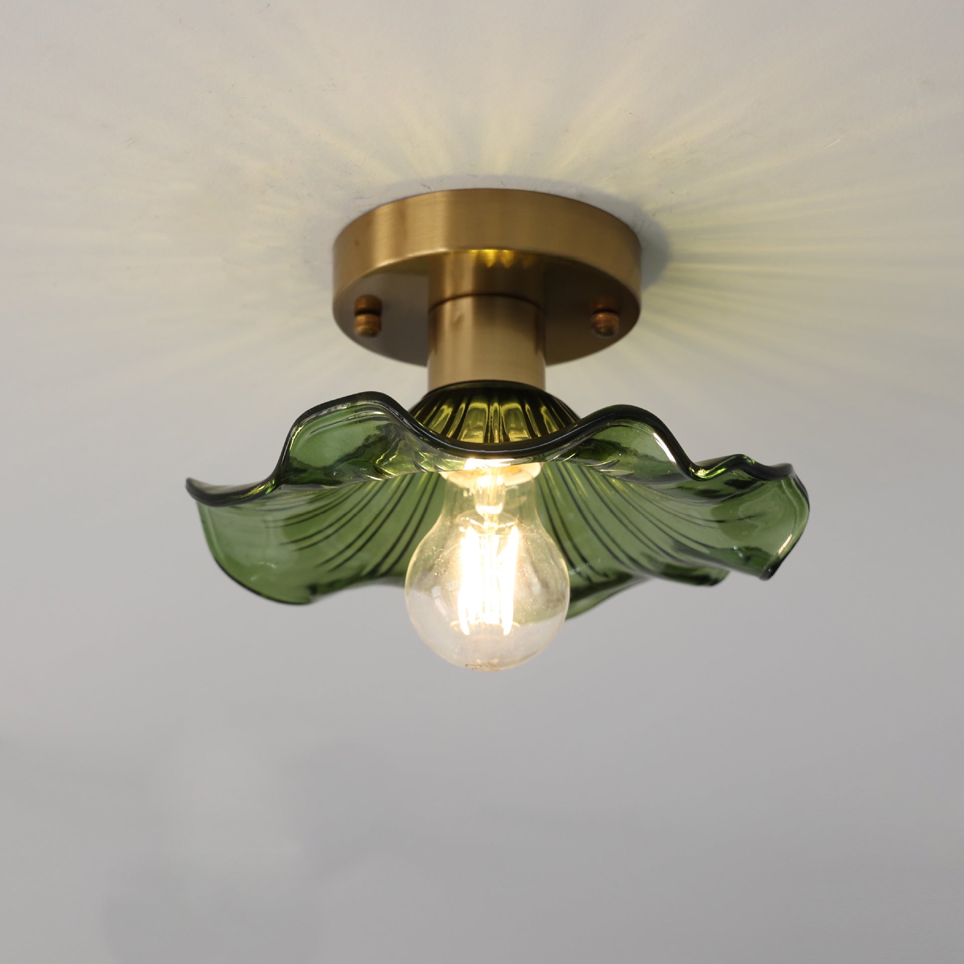 Hibiscus Floral Flush Mount Ceiling Light Fixture | Modern Green Glass Shade with Brass Base 7