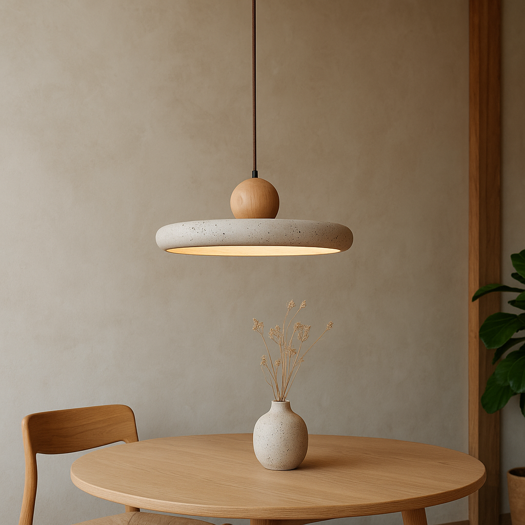 Scandinavian Style Pendant Light in Travertine and Wood 3