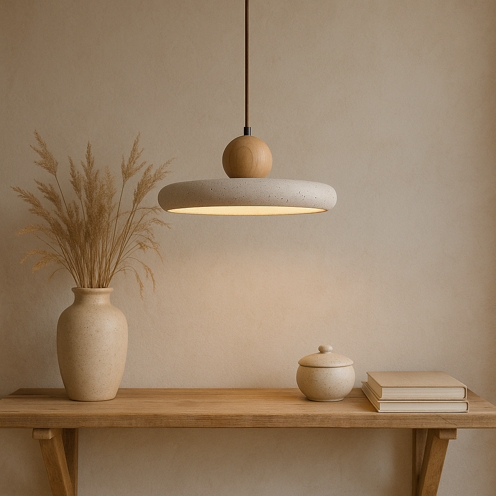 Scandinavian Style Pendant Light in Travertine and Wood 5