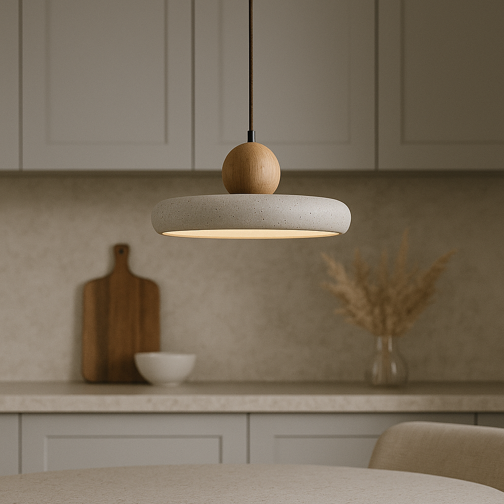 Scandinavian Style Pendant Light in Travertine and Wood 7