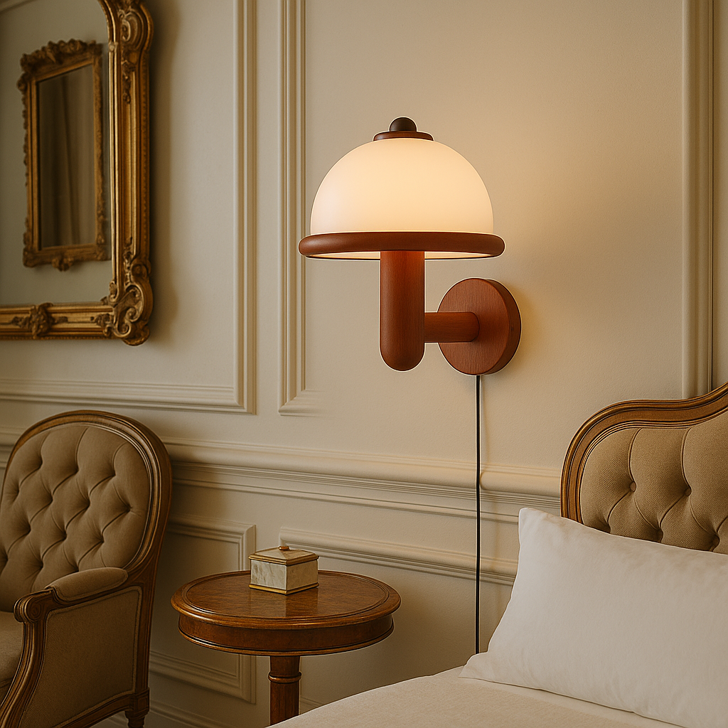 Contemporary Mushroom Wall Sconce with Oak Base | Scandinavian Design Wall Lamp for Indoor Spaces 0