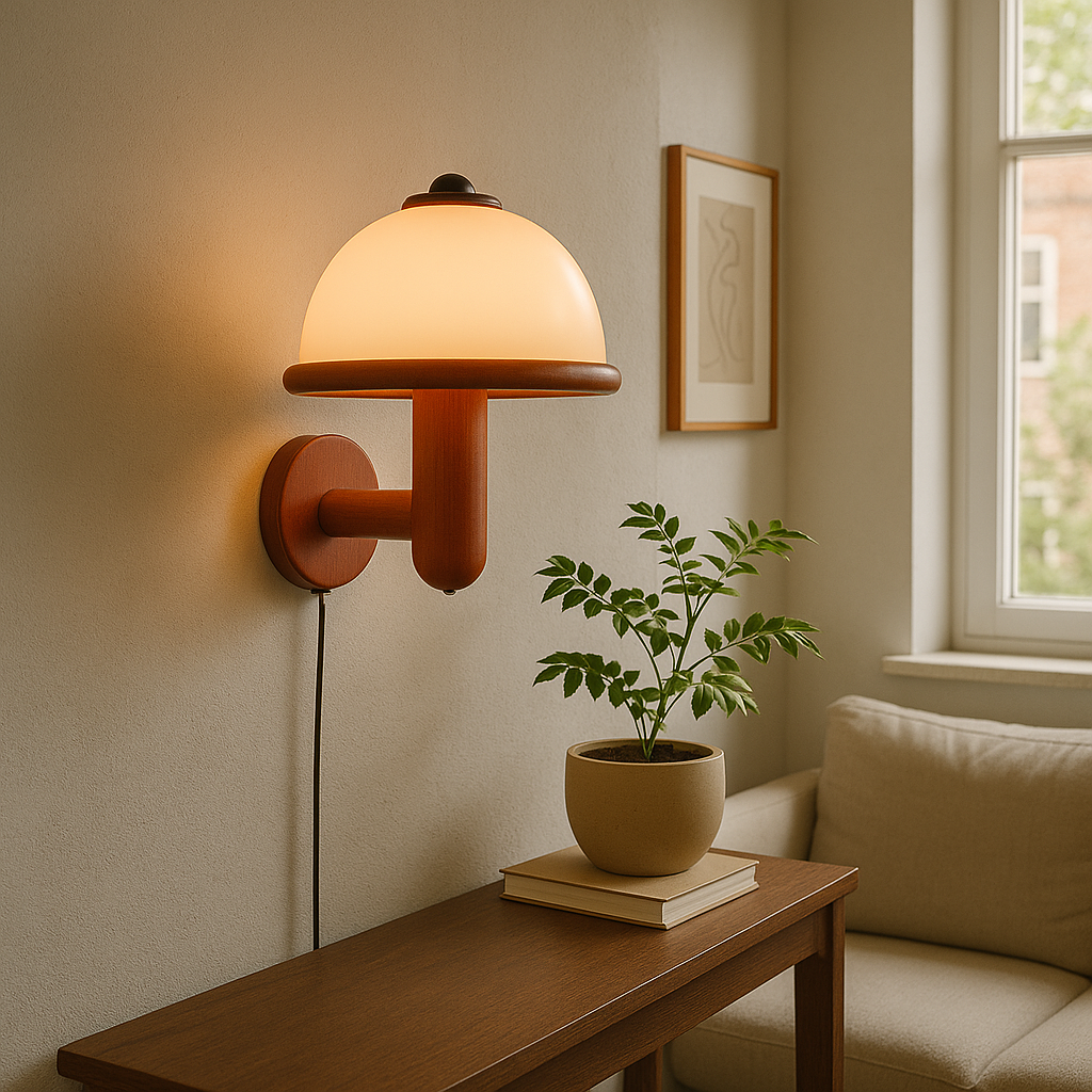 Contemporary Mushroom Wall Sconce with Oak Base | Scandinavian Design Wall Lamp for Indoor Spaces 1