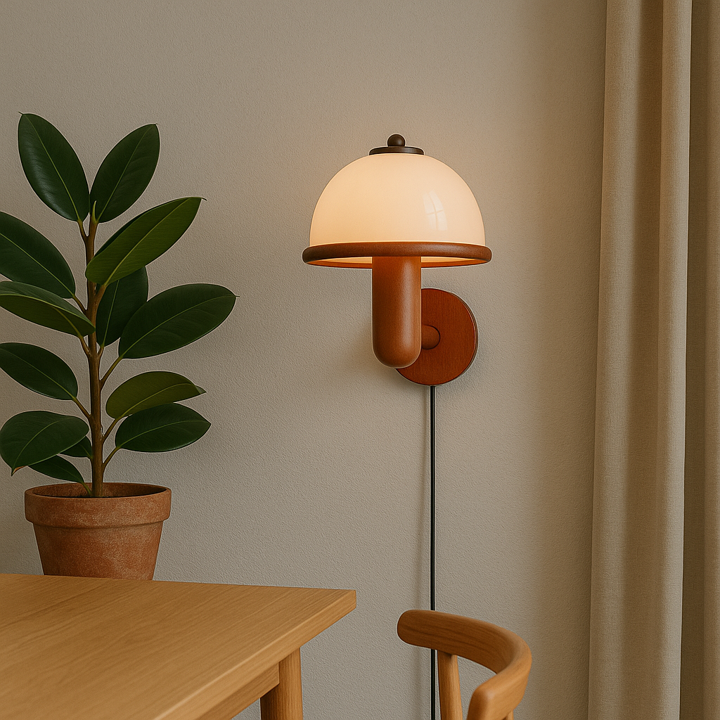 Contemporary Mushroom Wall Sconce with Oak Base | Scandinavian Design Wall Lamp for Indoor Spaces 2