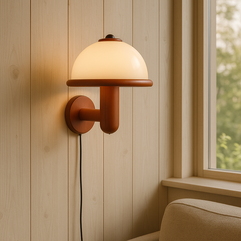Contemporary Mushroom Wall Sconce with Oak Base | Scandinavian Design Wall Lamp for Indoor Spaces 4