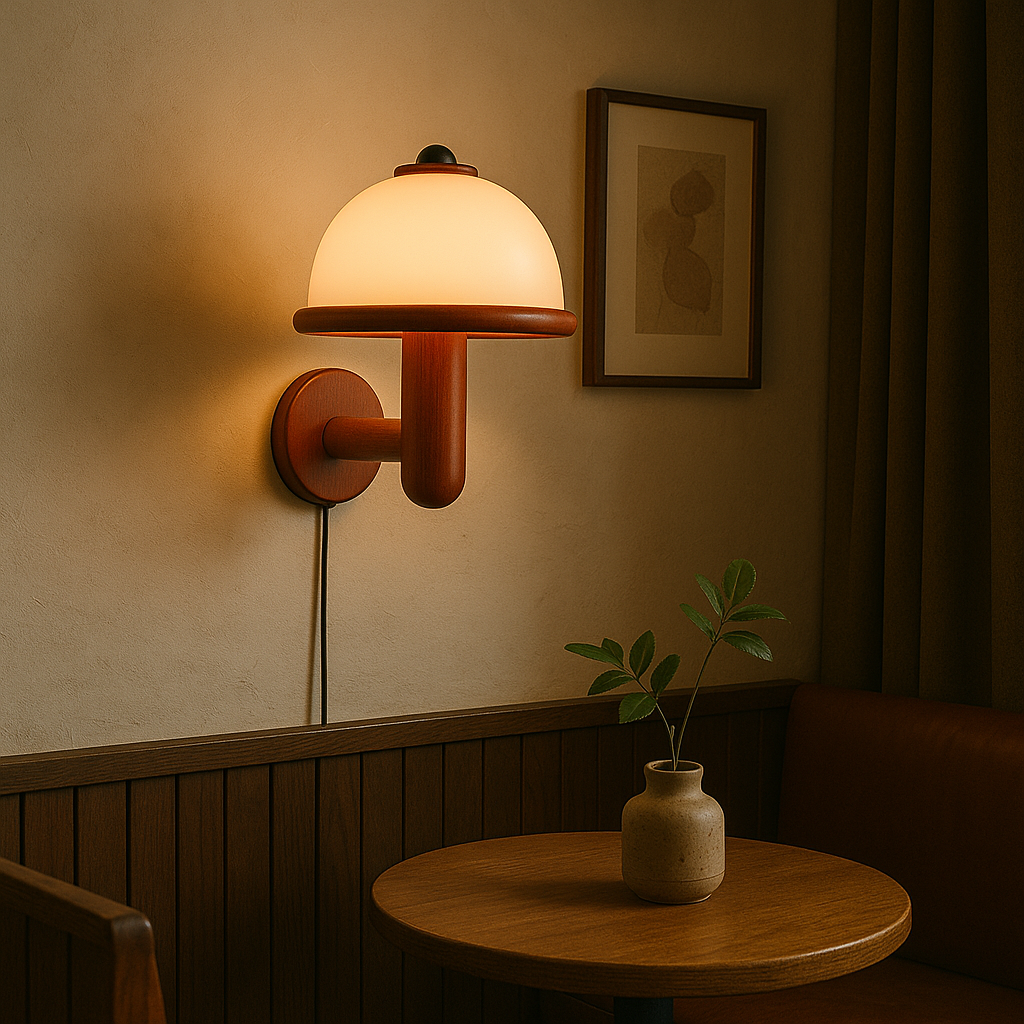 Contemporary Mushroom Wall Sconce with Oak Base | Scandinavian Design Wall Lamp for Indoor Spaces 5