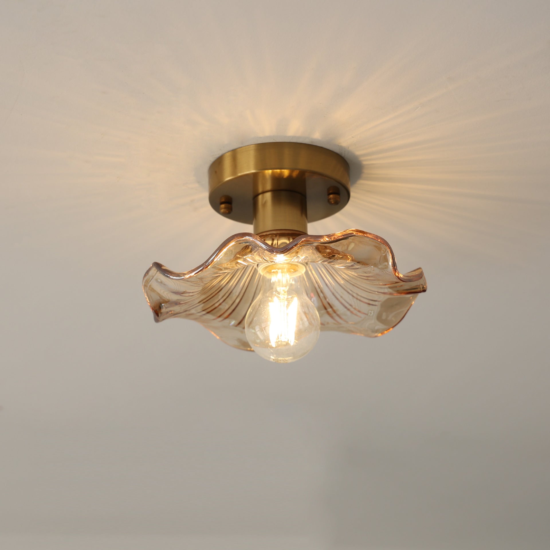 Hibiscus Floral Flush Mount Ceiling Light Fixture | Modern Green Glass Shade with Brass Base 0