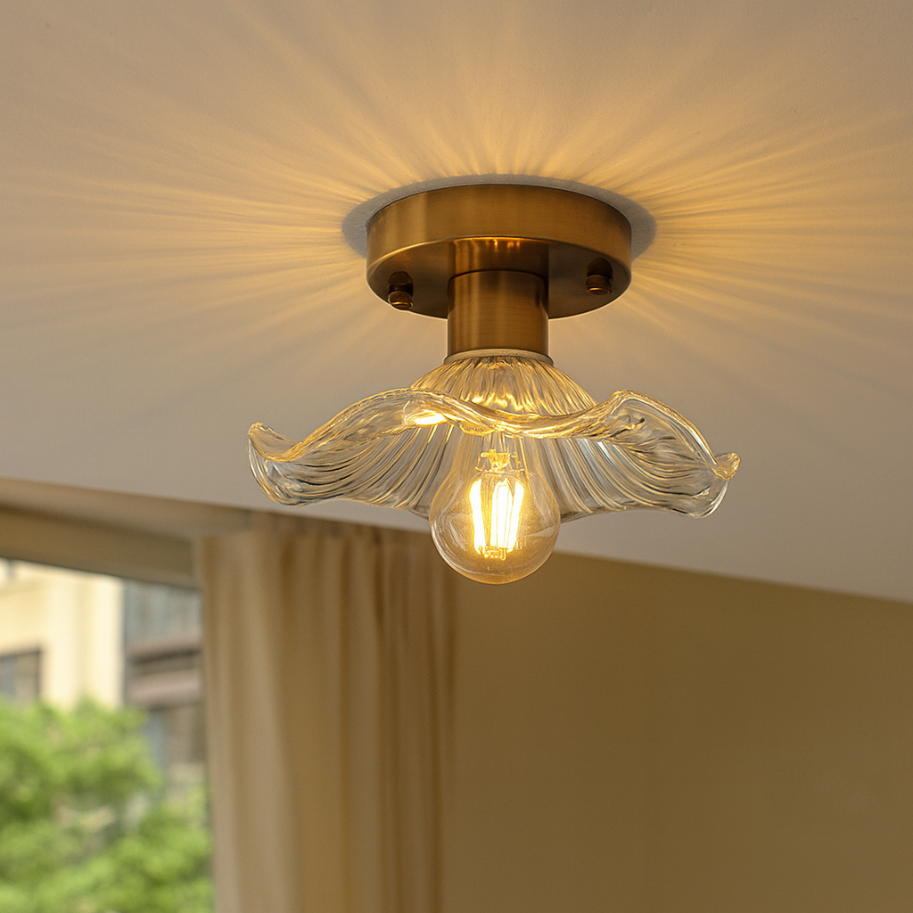 Hibiscus Floral Flush Mount Ceiling Light Fixture | Modern Green Glass Shade with Brass Base 2