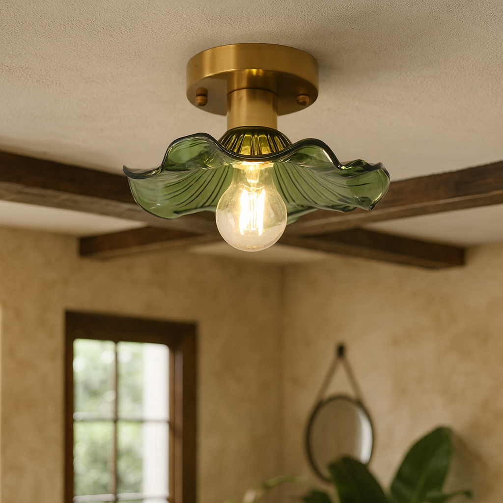 Hibiscus Floral Flush Mount Ceiling Light Fixture | Modern Green Glass Shade with Brass Base 3