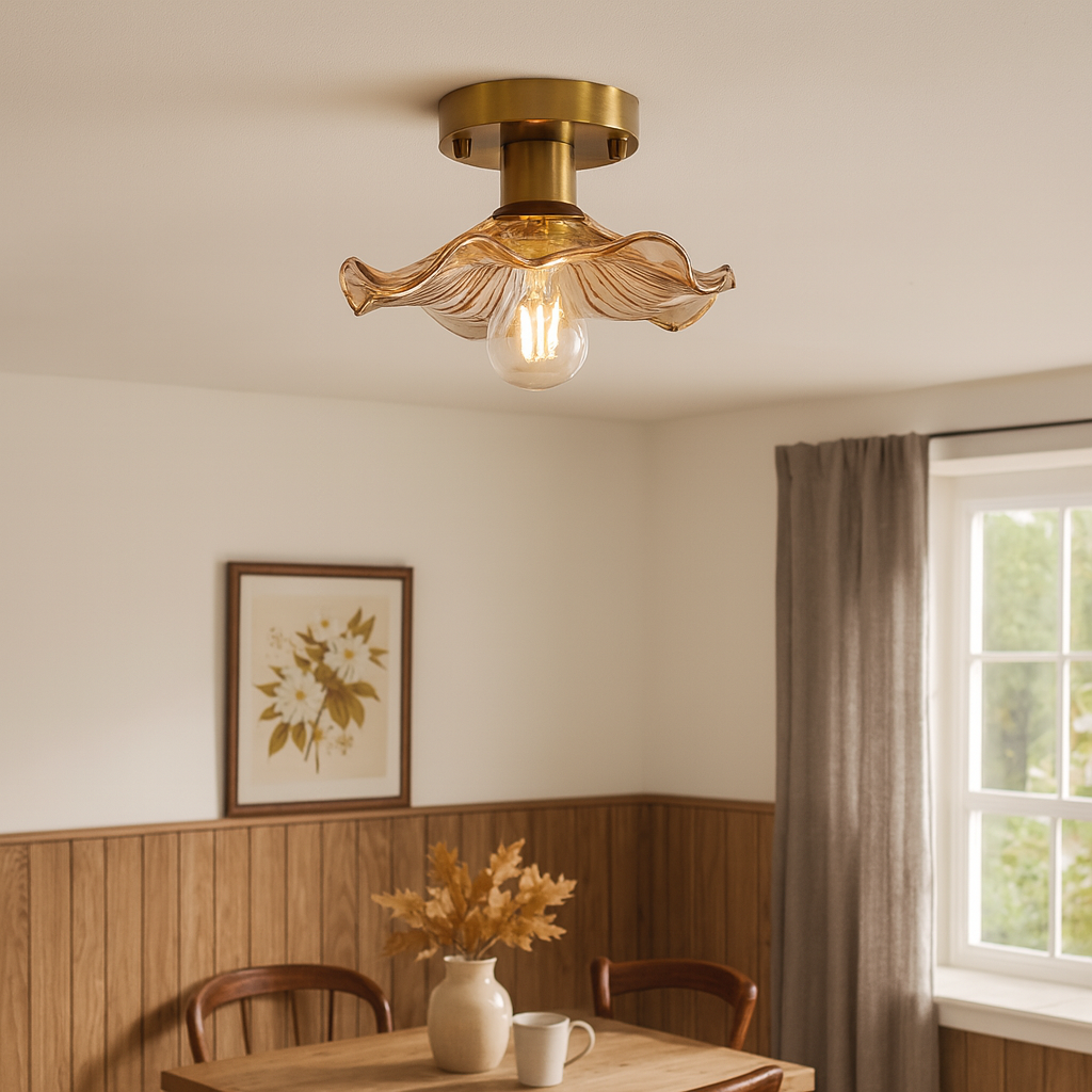 Hibiscus Floral Flush Mount Ceiling Light Fixture | Modern Green Glass Shade with Brass Base 4