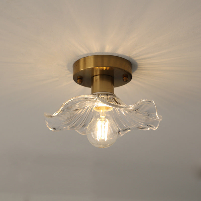 Hibiscus Floral Flush Mount Ceiling Light Fixture | Modern Green Glass Shade with Brass Base 8