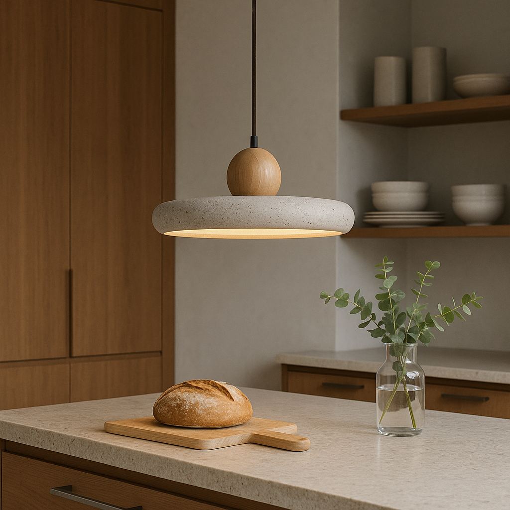 Scandinavian Style Pendant Light in Travertine and Wood 1
