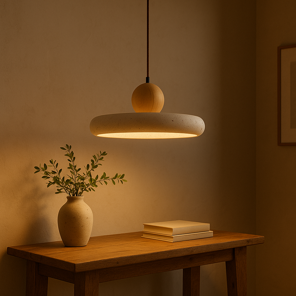 Scandinavian Style Pendant Light in Travertine and Wood 2