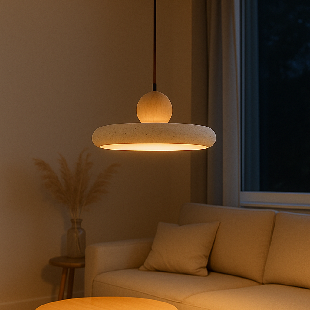 Scandinavian Style Pendant Light in Travertine and Wood 4